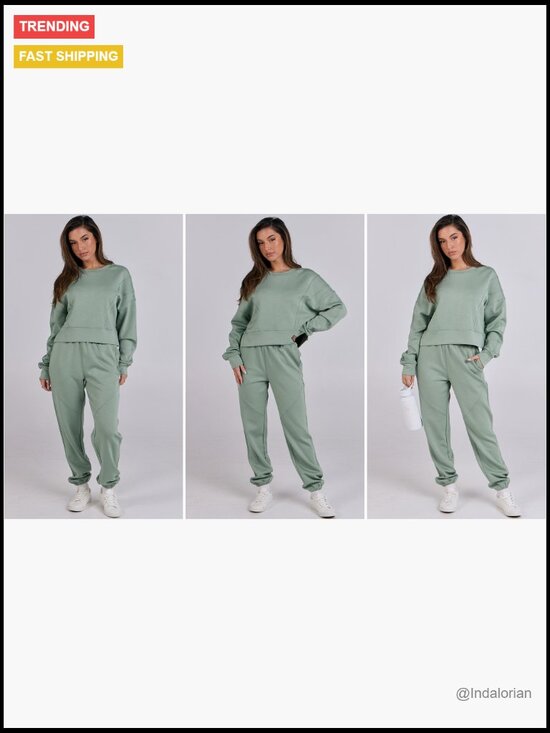 Cropped Sweatshirt Joggers Lounge Set Loose Fit Rayon Polyester Elastane - Picture 7 of 7